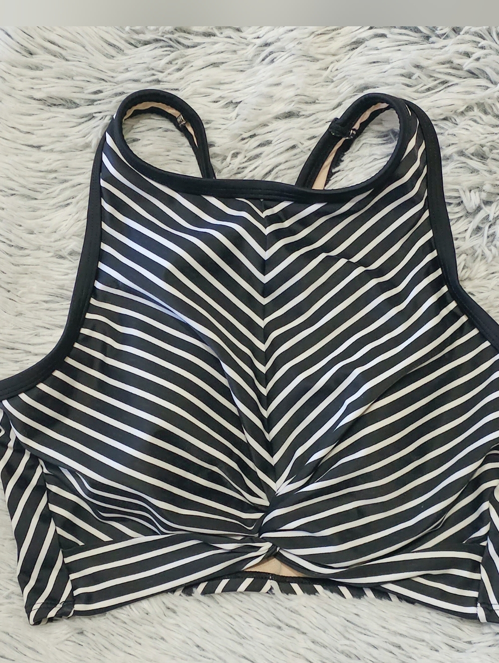 Kona Sol Black & White Striped High Neck Twist Swim Top Size Medium